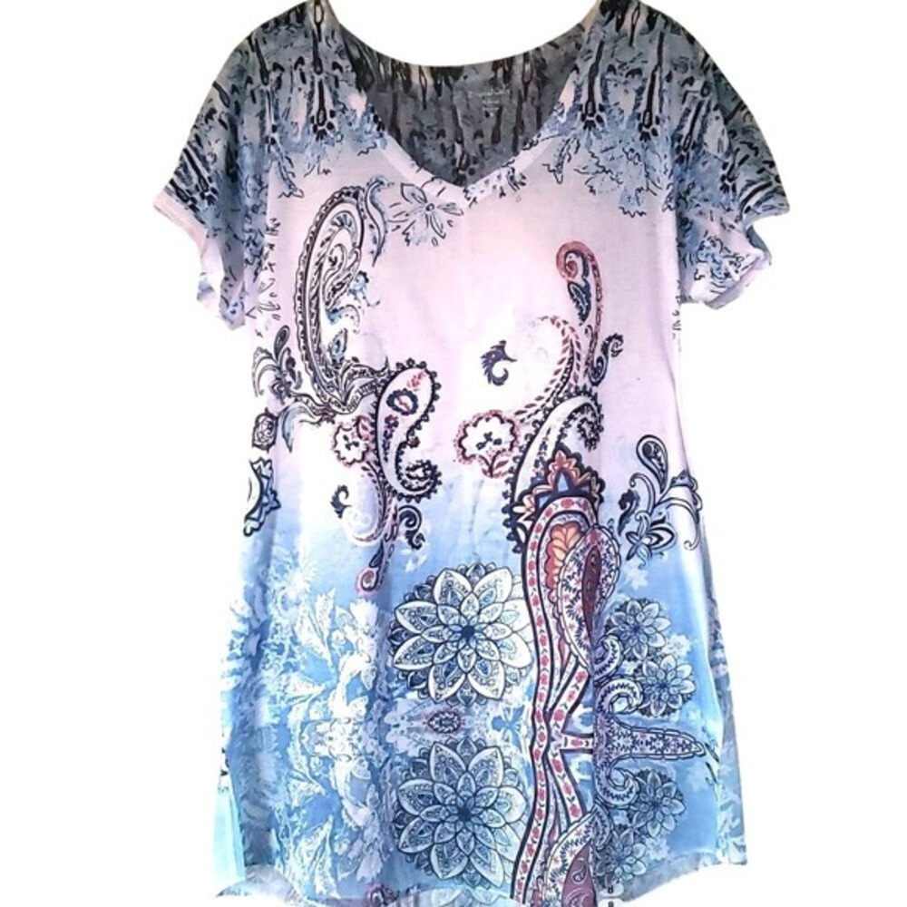Essentials‎ Milano Bejeweled Unique Print Tunic Shirt M | Sparkle Casual Top